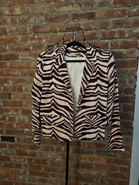 Women's Petite Small Linen Brown  & Tan  Zebra-Pattern Blazer Jacket